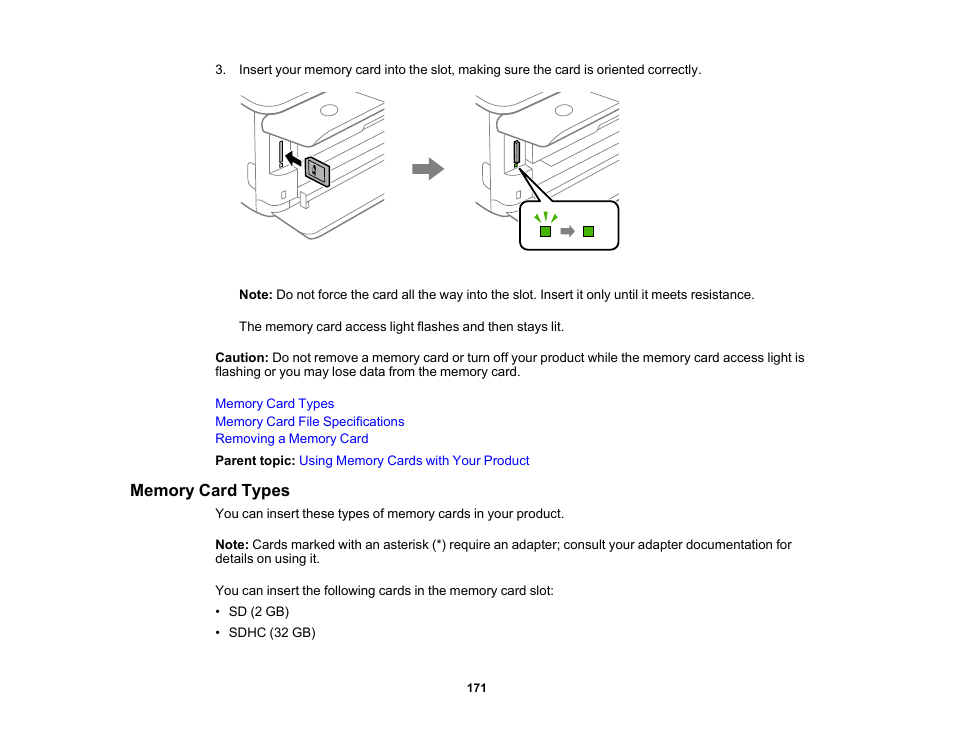 Memory card types | Epson Expression Premium XP-6100 All-in-One Printer User Manual | Page 171 / 334