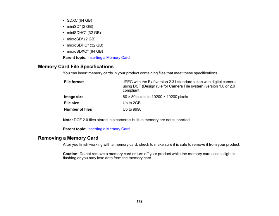 Memory card file specifications, Removing a memory card | Epson Expression Premium XP-6100 All-in-One Printer User Manual | Page 172 / 334