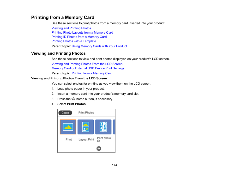 Printing from a memory card, Viewing and printing photos, Viewing and printing photos from the lcd screen | Epson Expression Premium XP-6100 All-in-One Printer User Manual | Page 174 / 334