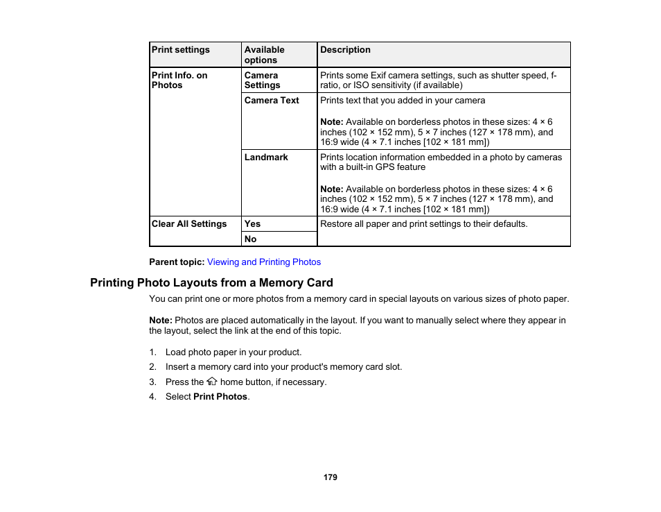 Printing photo layouts from a memory card | Epson Expression Premium XP-6100 All-in-One Printer User Manual | Page 179 / 334