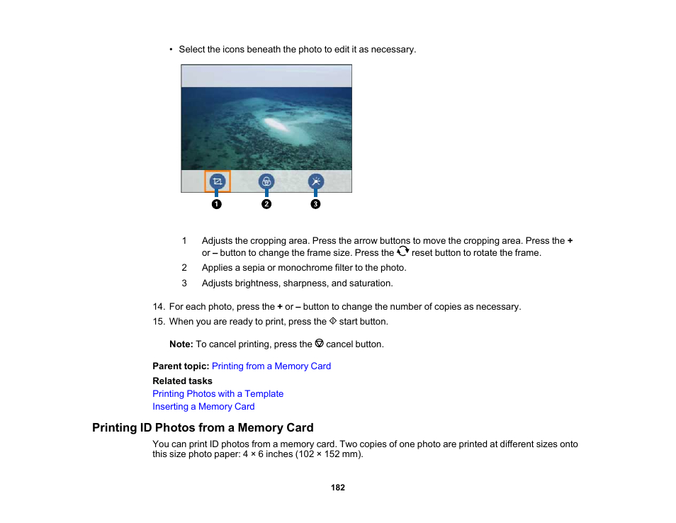 Printing id photos from a memory card | Epson Expression Premium XP-6100 All-in-One Printer User Manual | Page 182 / 334