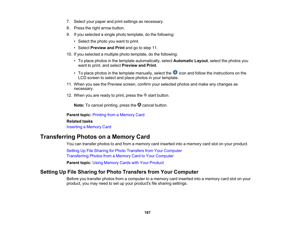 Transferring photos on a memory card | Epson Expression Premium XP-6100 All-in-One Printer User Manual | Page 187 / 334