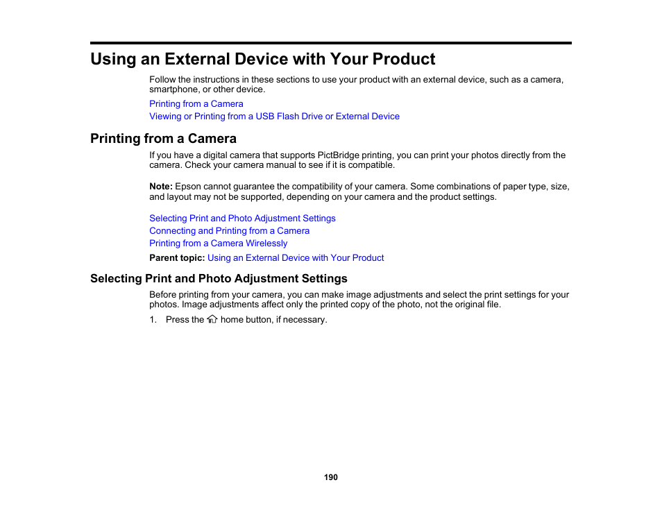 Using an external device with your product, Printing from a camera, Selecting print and photo adjustment settings | Epson Expression Premium XP-6100 All-in-One Printer User Manual | Page 190 / 334