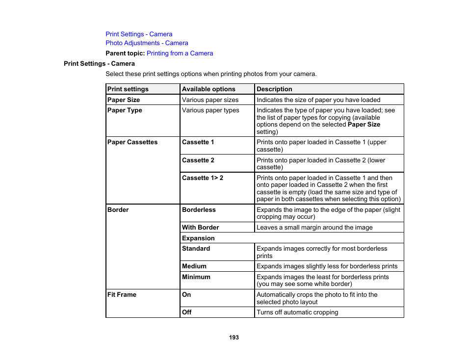 Print settings - camera | Epson Expression Premium XP-6100 All-in-One Printer User Manual | Page 193 / 334