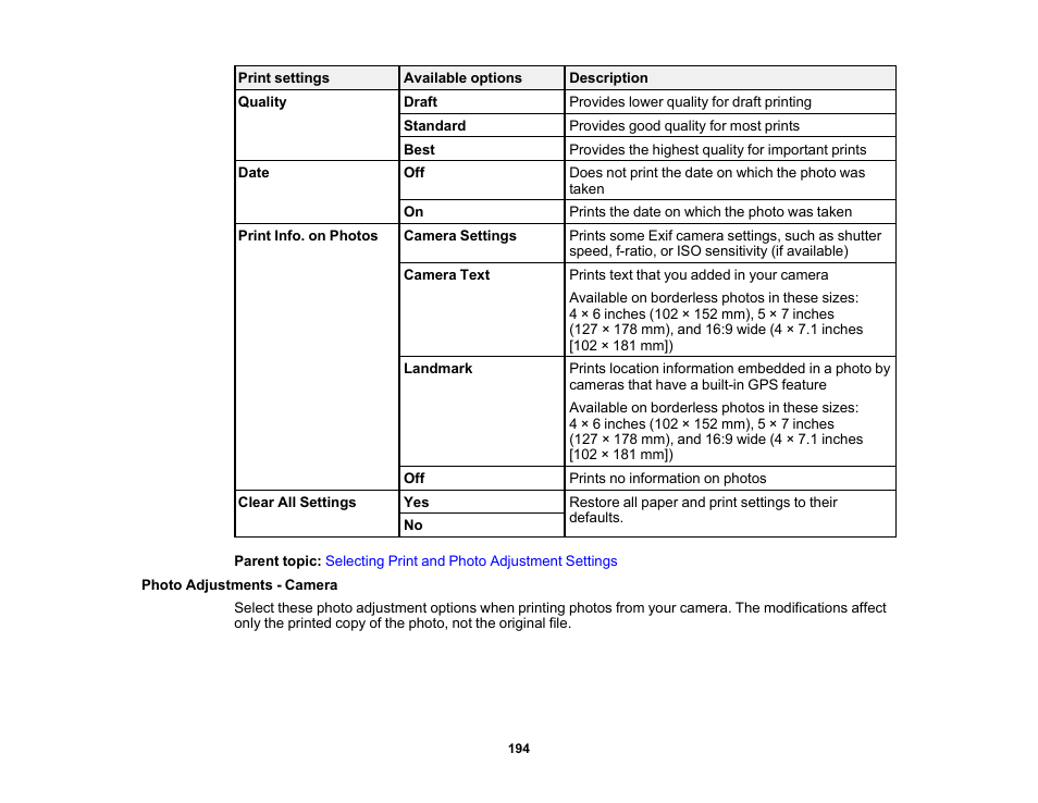 Photo adjustments - camera | Epson Expression Premium XP-6100 All-in-One Printer User Manual | Page 194 / 334