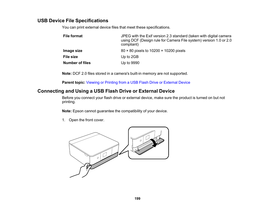 Usb device file specifications | Epson Expression Premium XP-6100 All-in-One Printer User Manual | Page 199 / 334