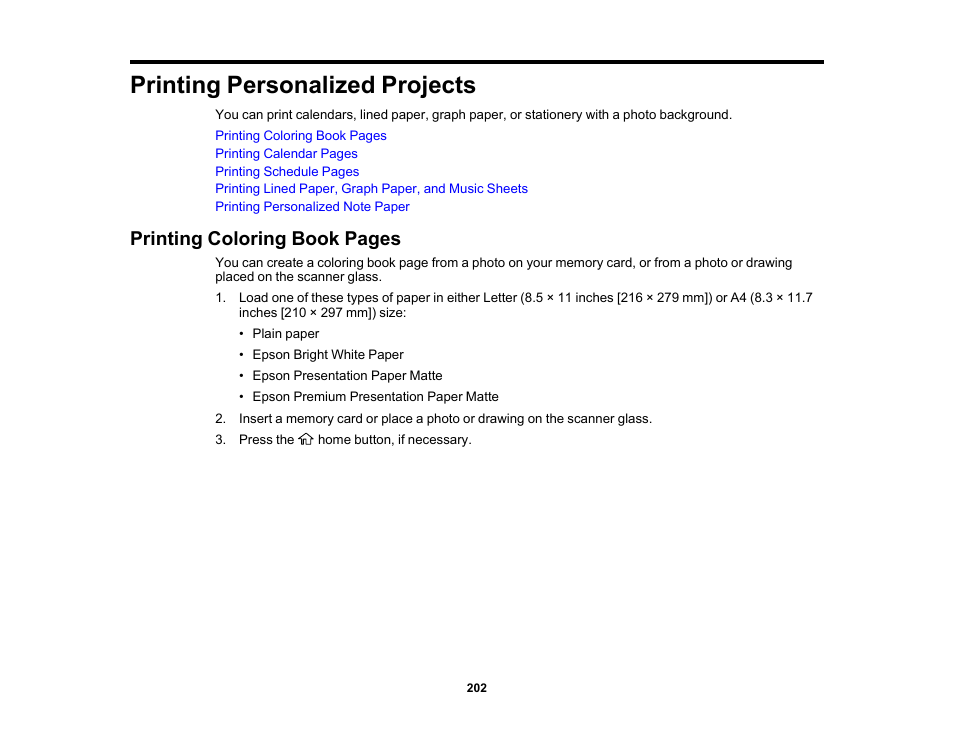 Printing personalized projects, Printing coloring book pages | Epson Expression Premium XP-6100 All-in-One Printer User Manual | Page 202 / 334