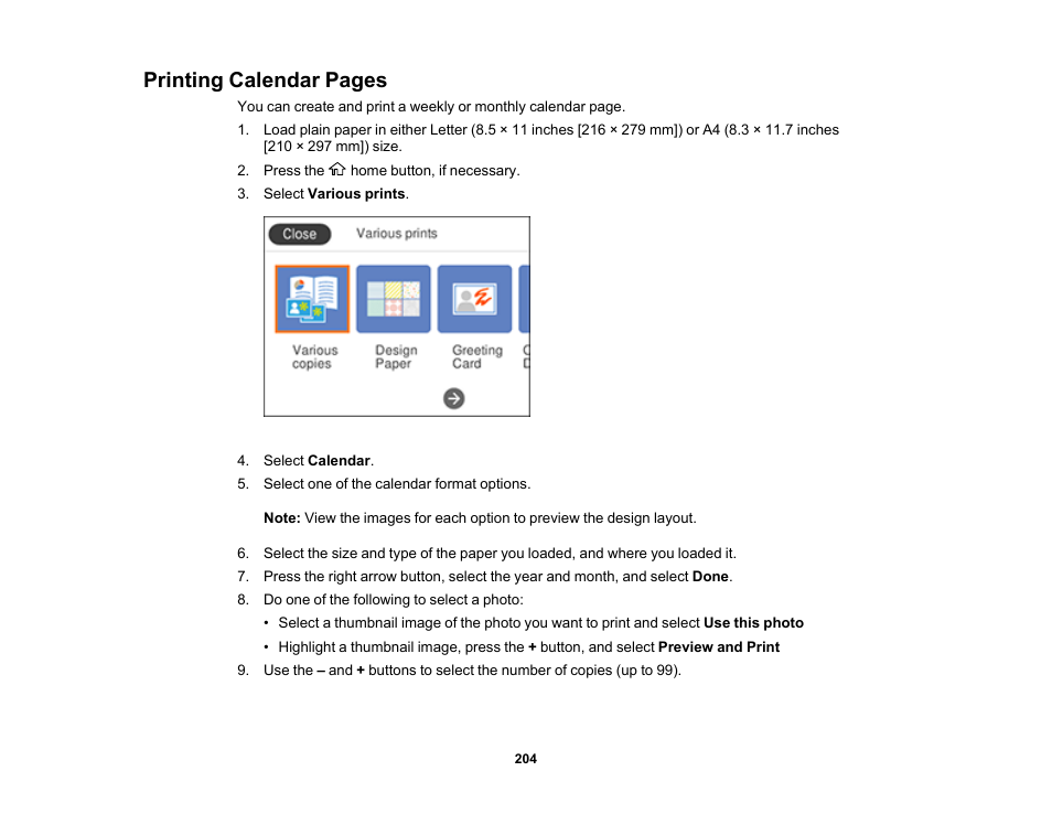 Printing calendar pages | Epson Expression Premium XP-6100 All-in-One Printer User Manual | Page 204 / 334