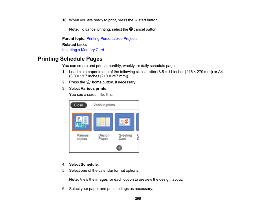 Printing schedule pages | Epson Expression Premium XP-6100 All-in-One Printer User Manual | Page 205 / 334