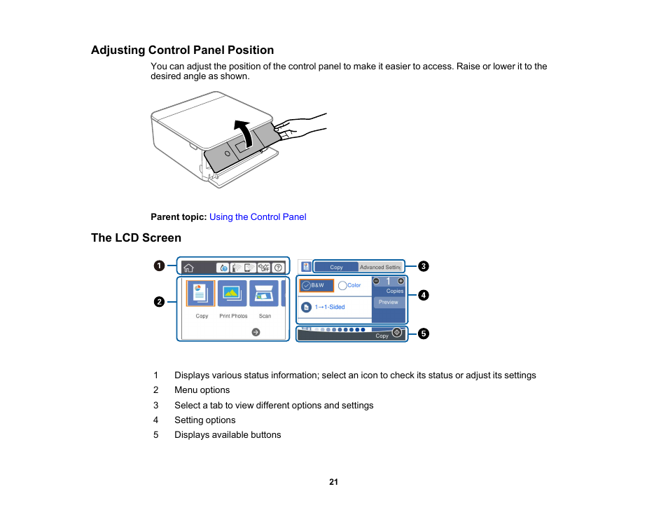 Adjusting control panel position, The lcd screen, Adjusting control panel position the lcd screen | Epson Expression Premium XP-6100 All-in-One Printer User Manual | Page 21 / 334