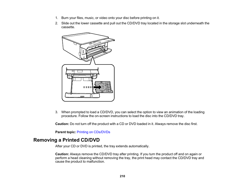 Removing a printed cd/dvd | Epson Expression Premium XP-6100 All-in-One Printer User Manual | Page 210 / 334