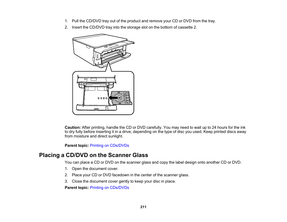 Placing a cd/dvd on the scanner glass | Epson Expression Premium XP-6100 All-in-One Printer User Manual | Page 211 / 334