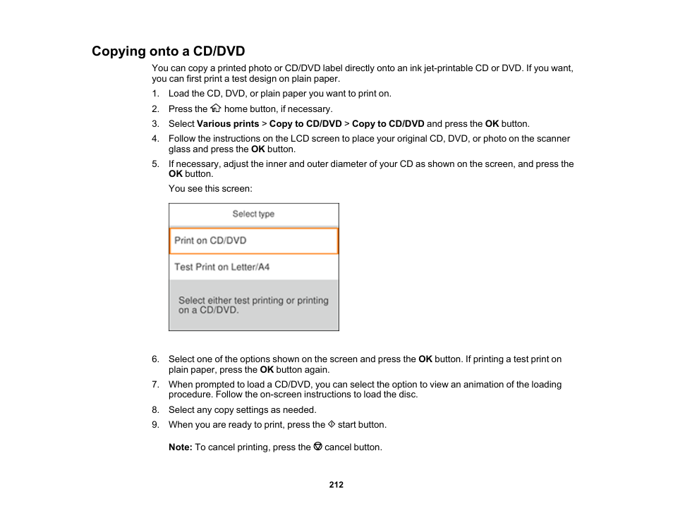 Copying onto a cd/dvd | Epson Expression Premium XP-6100 All-in-One Printer User Manual | Page 212 / 334