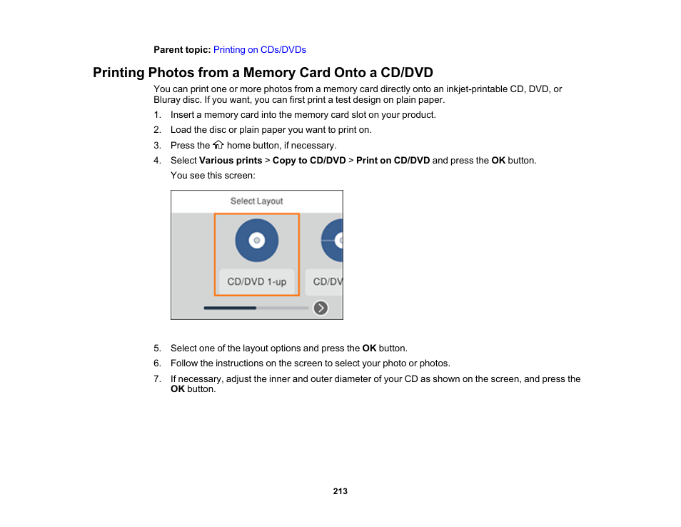 Printing photos from a memory card onto a cd/dvd | Epson Expression Premium XP-6100 All-in-One Printer User Manual | Page 213 / 334