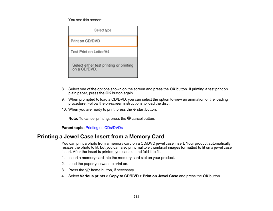 Printing a jewel case insert from a memory card | Epson Expression Premium XP-6100 All-in-One Printer User Manual | Page 214 / 334