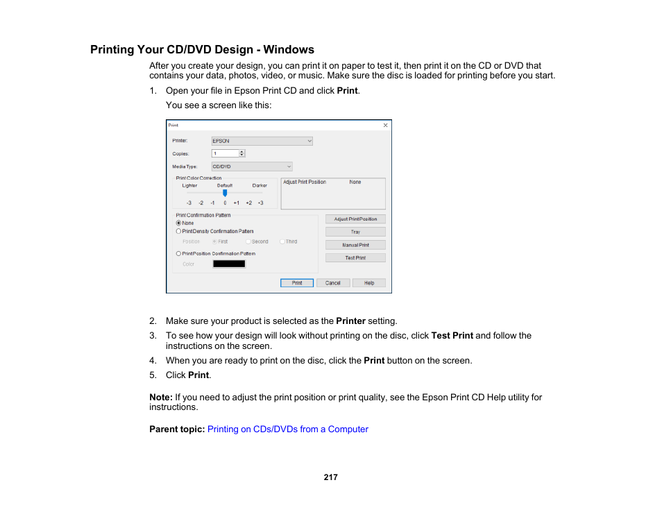 Printing your cd/dvd design - windows | Epson Expression Premium XP-6100 All-in-One Printer User Manual | Page 217 / 334