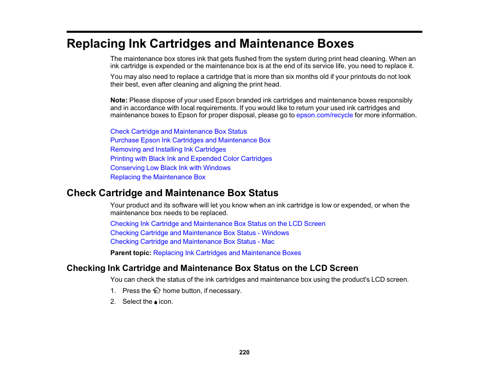 Replacing ink cartridges and maintenance boxes, Check cartridge and maintenance box status | Epson Expression Premium XP-6100 All-in-One Printer User Manual | Page 220 / 334