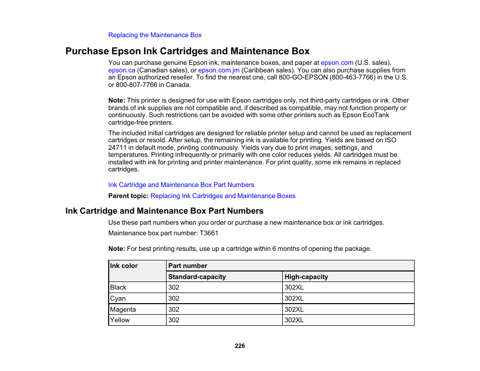 Purchase epson ink cartridges and maintenance box, Ink cartridge and maintenance box part numbers | Epson Expression Premium XP-6100 All-in-One Printer User Manual | Page 226 / 334