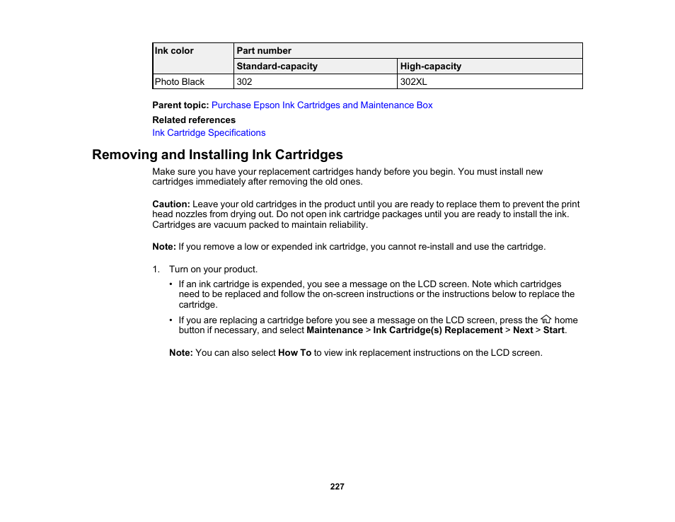 Removing and installing ink cartridges | Epson Expression Premium XP-6100 All-in-One Printer User Manual | Page 227 / 334