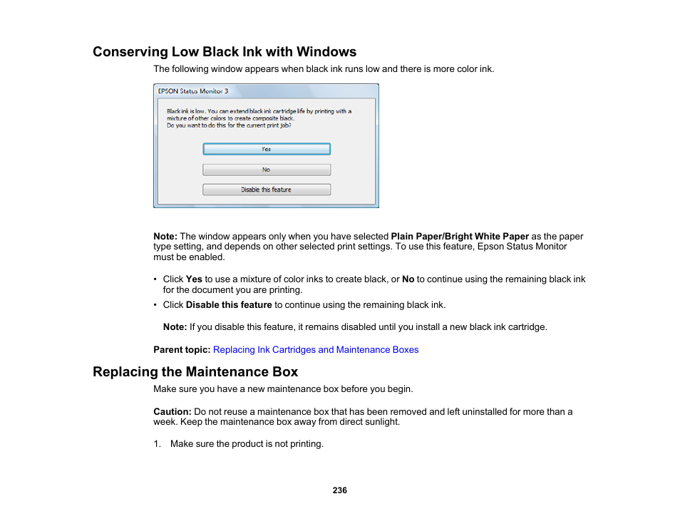 Conserving low black ink with windows, Replacing the maintenance box | Epson Expression Premium XP-6100 All-in-One Printer User Manual | Page 236 / 334