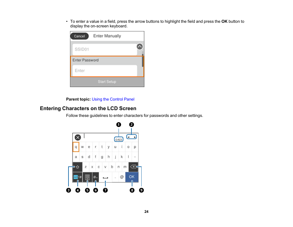 Entering characters on the lcd screen | Epson Expression Premium XP-6100 All-in-One Printer User Manual | Page 24 / 334
