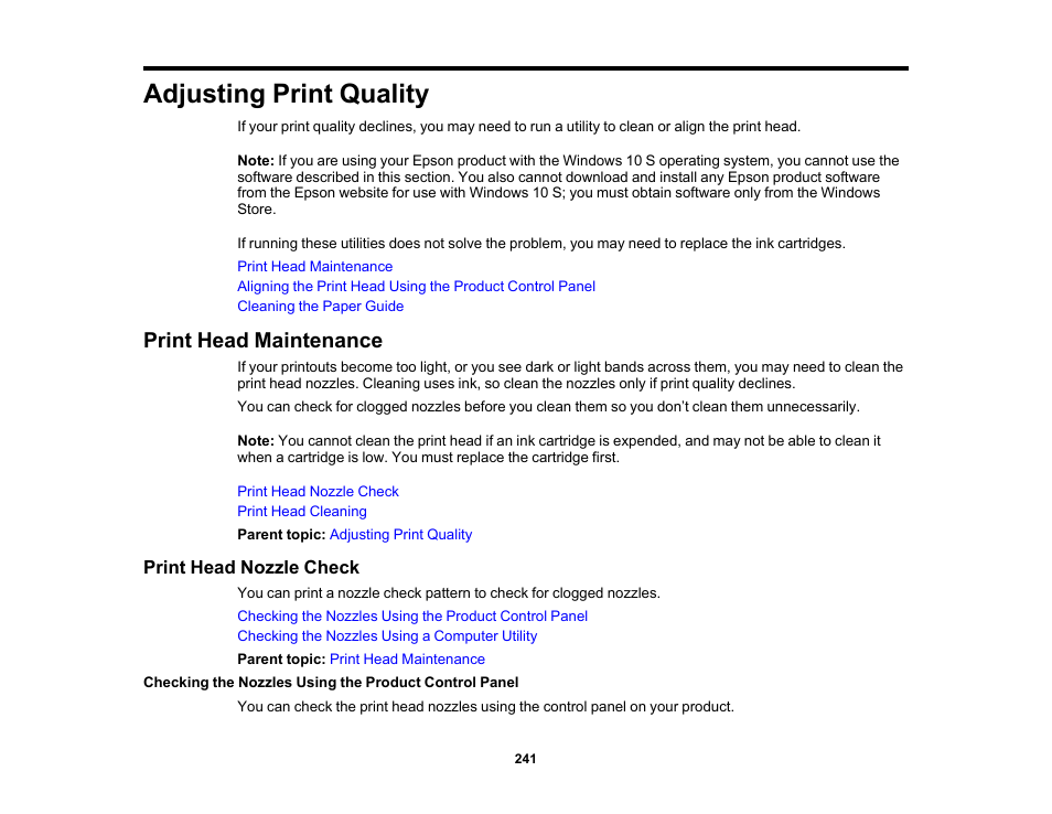 Adjusting print quality, Print head maintenance, Print head nozzle check | Epson Expression Premium XP-6100 All-in-One Printer User Manual | Page 241 / 334