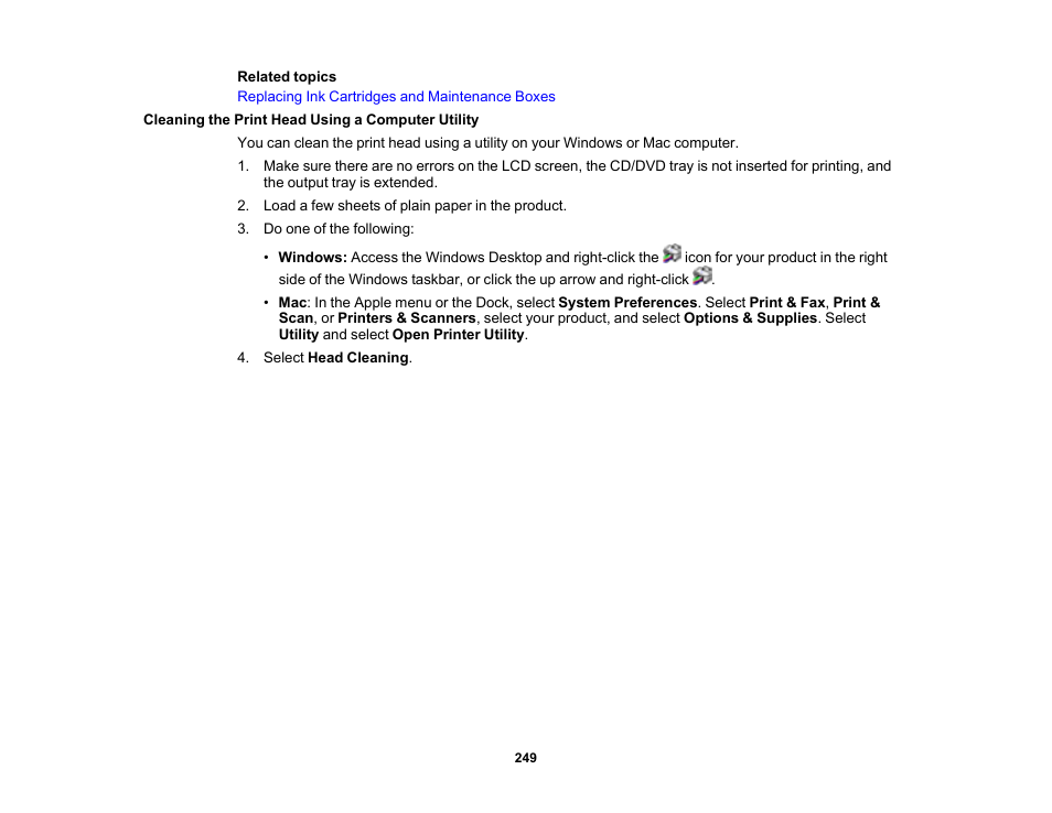 Cleaning the print head using a computer utility | Epson Expression Premium XP-6100 All-in-One Printer User Manual | Page 249 / 334