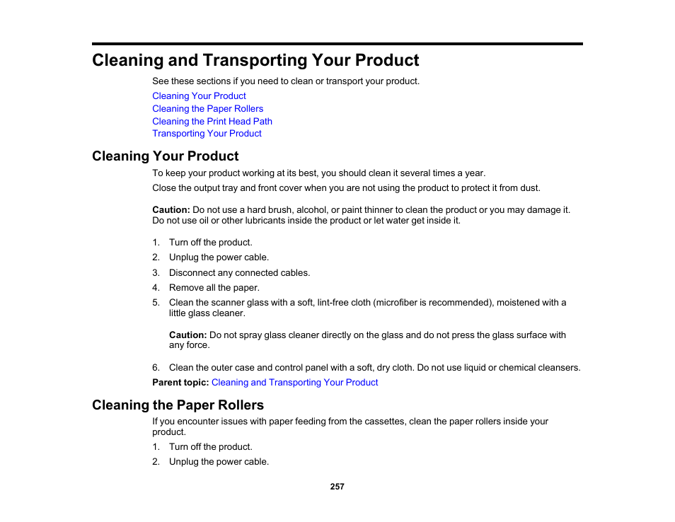 Cleaning and transporting your product, Cleaning your product, Cleaning the paper rollers | Cleaning your product cleaning the paper rollers | Epson Expression Premium XP-6100 All-in-One Printer User Manual | Page 257 / 334