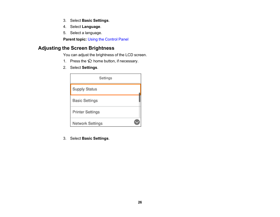 Adjusting the screen brightness | Epson Expression Premium XP-6100 All-in-One Printer User Manual | Page 26 / 334