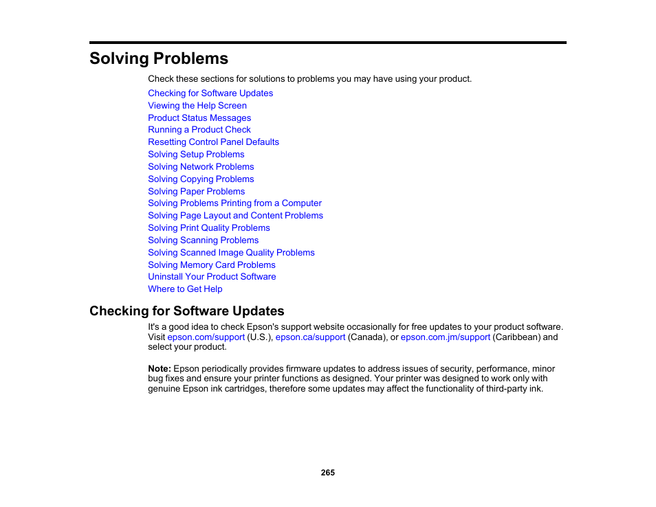 Solving problems, Checking for software updates | Epson Expression Premium XP-6100 All-in-One Printer User Manual | Page 265 / 334