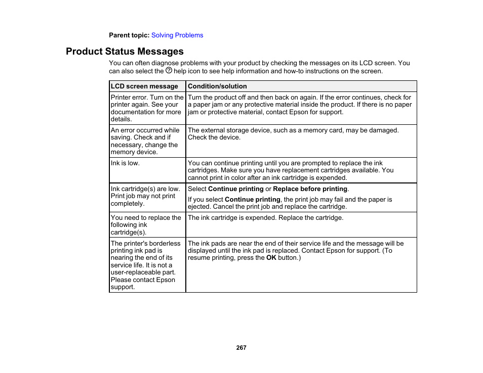 Product status messages | Epson Expression Premium XP-6100 All-in-One Printer User Manual | Page 267 / 334