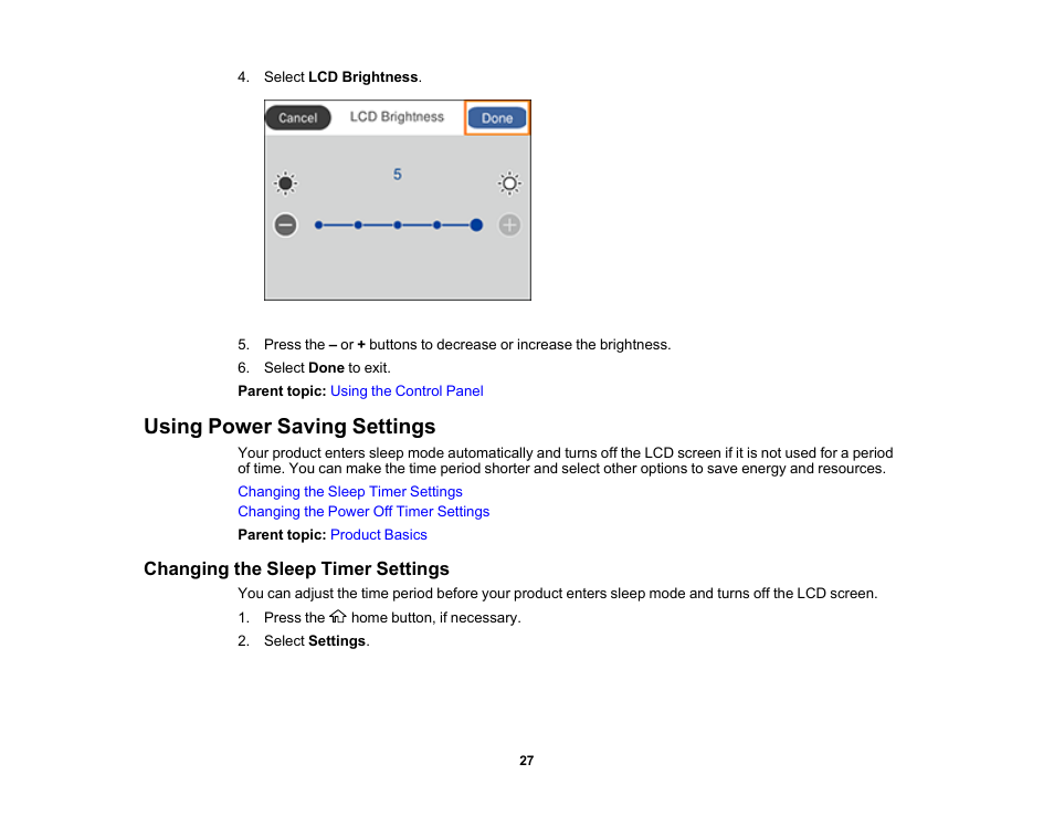 Using power saving settings, Changing the sleep timer settings | Epson Expression Premium XP-6100 All-in-One Printer User Manual | Page 27 / 334