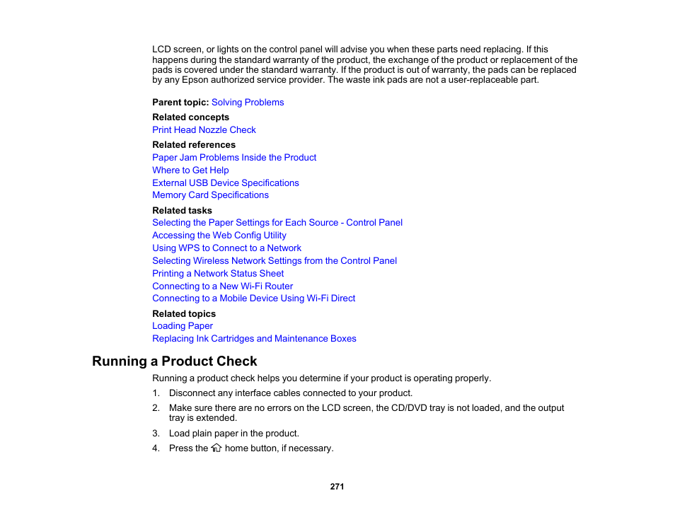 Running a product check | Epson Expression Premium XP-6100 All-in-One Printer User Manual | Page 271 / 334