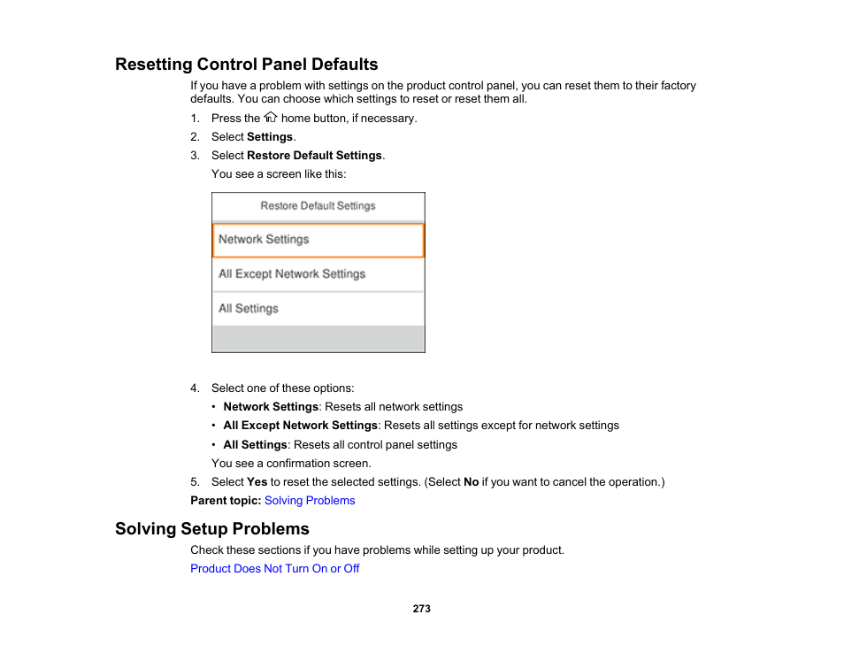 Resetting control panel defaults, Solving setup problems | Epson Expression Premium XP-6100 All-in-One Printer User Manual | Page 273 / 334