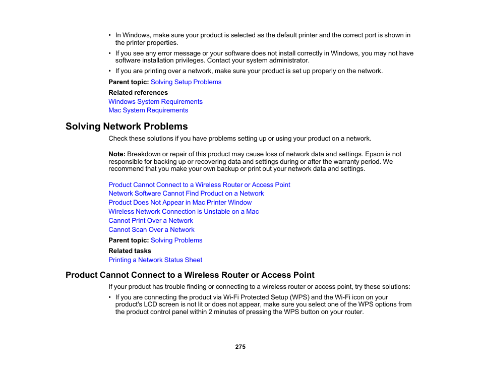 Solving network problems | Epson Expression Premium XP-6100 All-in-One Printer User Manual | Page 275 / 334