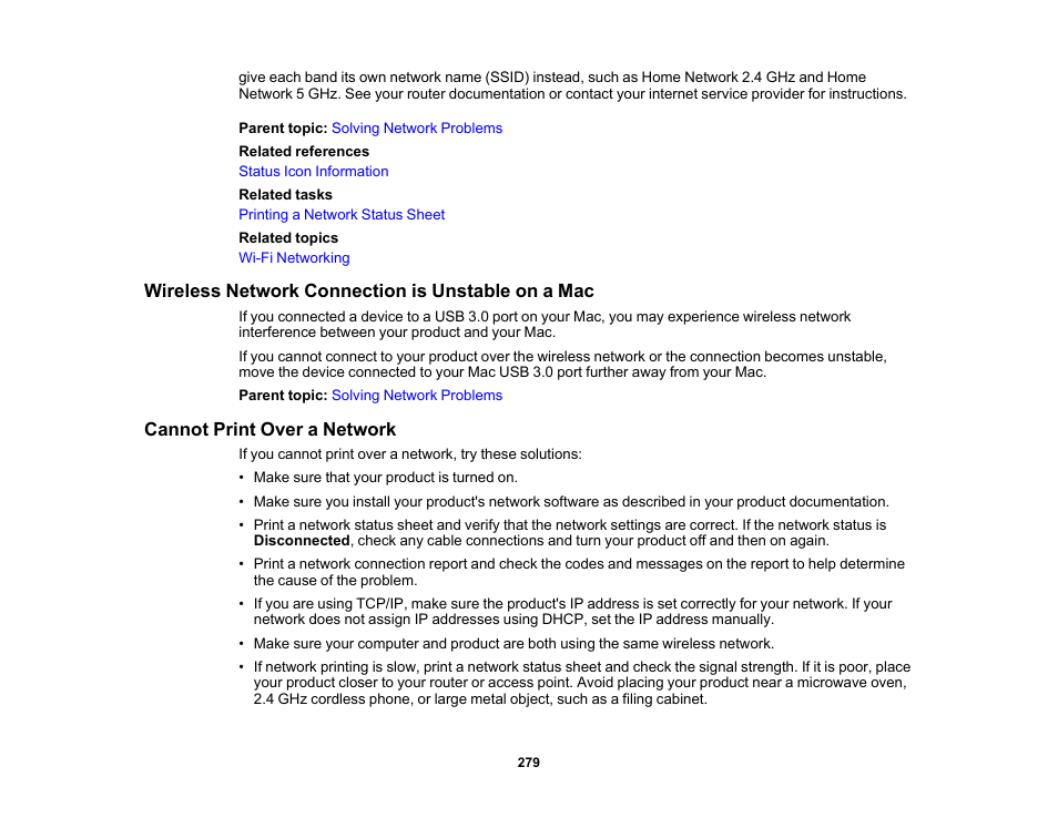 Wireless network connection is unstable on a mac, Cannot print over a network | Epson Expression Premium XP-6100 All-in-One Printer User Manual | Page 279 / 334