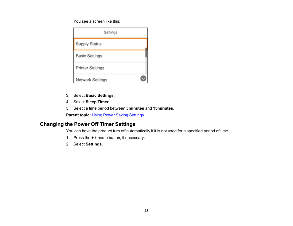 Changing the power off timer settings | Epson Expression Premium XP-6100 All-in-One Printer User Manual | Page 28 / 334
