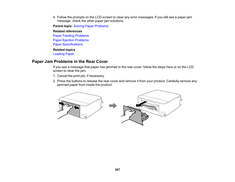Paper jam problems in the rear cover | Epson Expression Premium XP-6100 All-in-One Printer User Manual | Page 287 / 334
