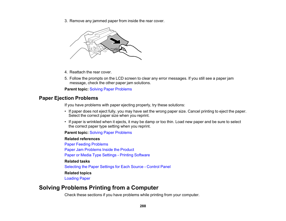 Paper ejection problems, Solving problems printing from a computer | Epson Expression Premium XP-6100 All-in-One Printer User Manual | Page 288 / 334