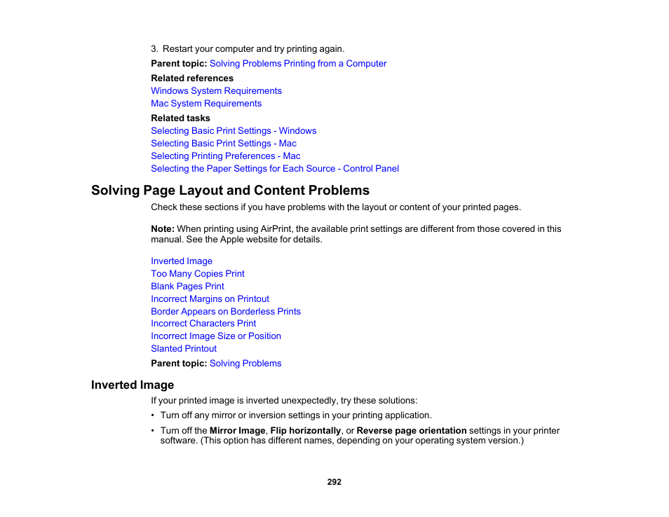 Inverted image, Solving page layout and content problems | Epson Expression Premium XP-6100 All-in-One Printer User Manual | Page 292 / 334