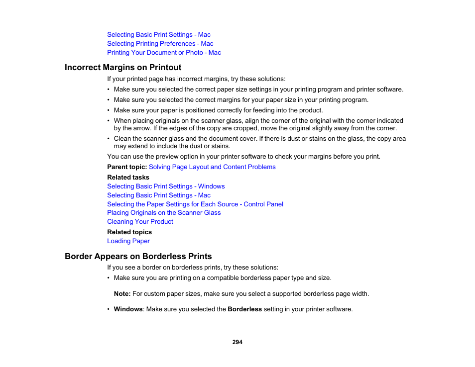 Incorrect margins on printout, Border appears on borderless prints | Epson Expression Premium XP-6100 All-in-One Printer User Manual | Page 294 / 334