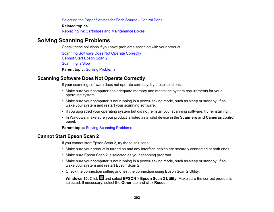 Solving scanning problems, Scanning software does not operate correctly, Cannot start epson scan 2 | Epson Expression Premium XP-6100 All-in-One Printer User Manual | Page 302 / 334