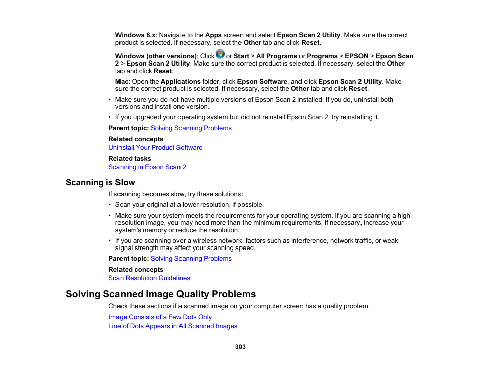 Scanning is slow, Solving scanned image quality problems | Epson Expression Premium XP-6100 All-in-One Printer User Manual | Page 303 / 334