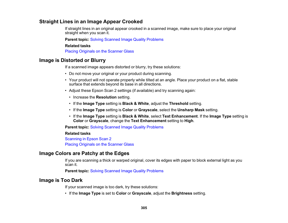 Straight lines in an image appear crooked, Image is distorted or blurry, Image colors are patchy at the edges | Image is too dark | Epson Expression Premium XP-6100 All-in-One Printer User Manual | Page 305 / 334