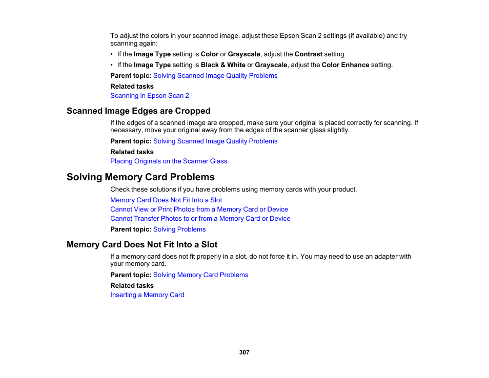 Scanned image edges are cropped, Solving memory card problems, Memory card does not fit into a slot | Epson Expression Premium XP-6100 All-in-One Printer User Manual | Page 307 / 334