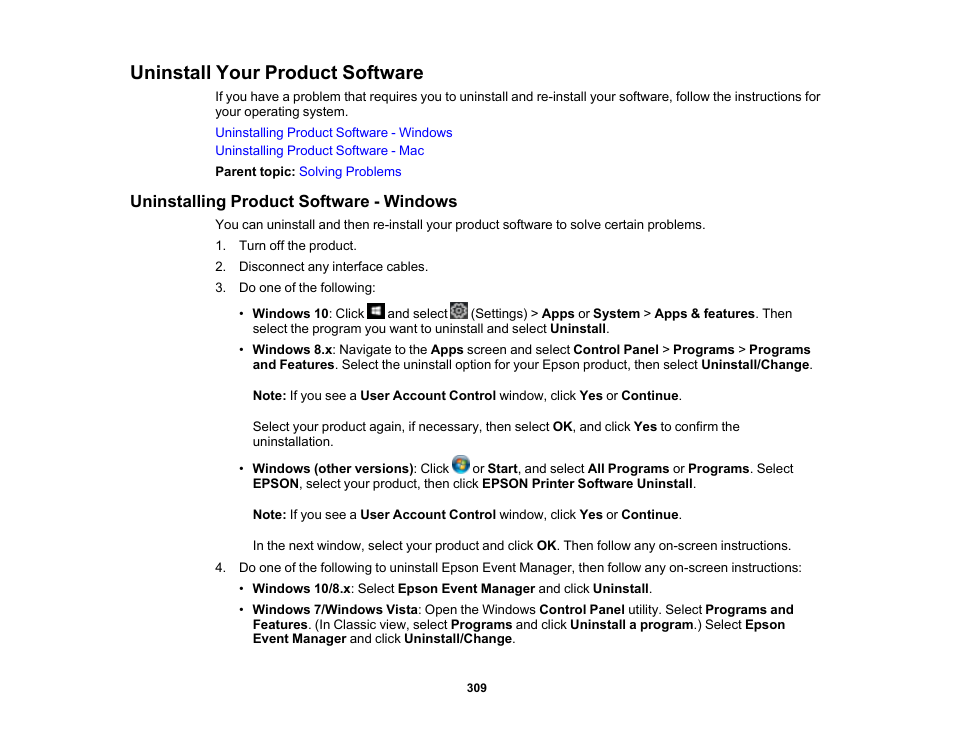 Uninstall your product software, Uninstalling product software - windows | Epson Expression Premium XP-6100 All-in-One Printer User Manual | Page 309 / 334