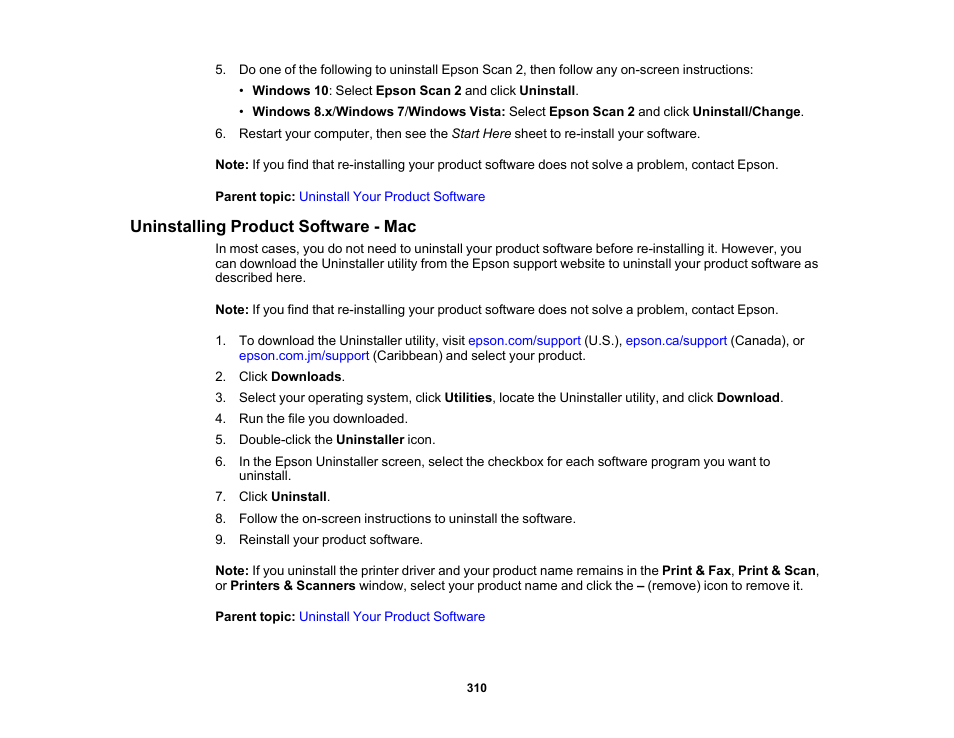 Uninstalling product software - mac | Epson Expression Premium XP-6100 All-in-One Printer User Manual | Page 310 / 334