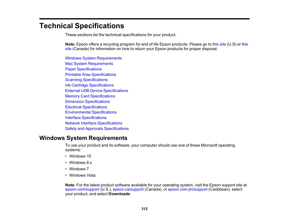 Technical specifications, Windows system requirements | Epson Expression Premium XP-6100 All-in-One Printer User Manual | Page 312 / 334