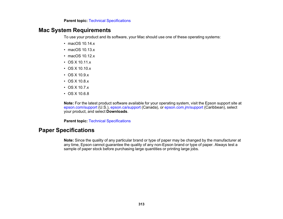 Mac system requirements, Paper specifications, Mac system requirements paper specifications | Epson Expression Premium XP-6100 All-in-One Printer User Manual | Page 313 / 334