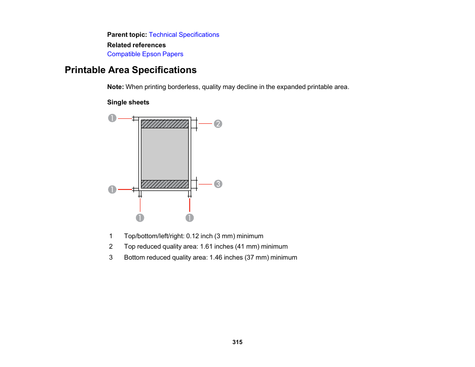 Printable area specifications | Epson Expression Premium XP-6100 All-in-One Printer User Manual | Page 315 / 334